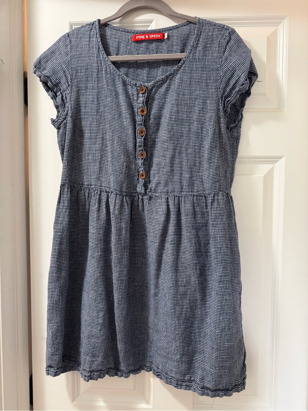 Pyne & Smith Linen No 10 Check Dress Blue Micro Check Button Front Size medium